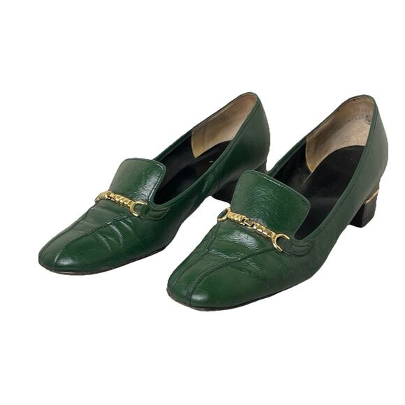 VTG Green Leather 60s Heeled Loafers Gold Chain Mid Retro London Piccadilly Sz 9 - Picture 1 of 14
